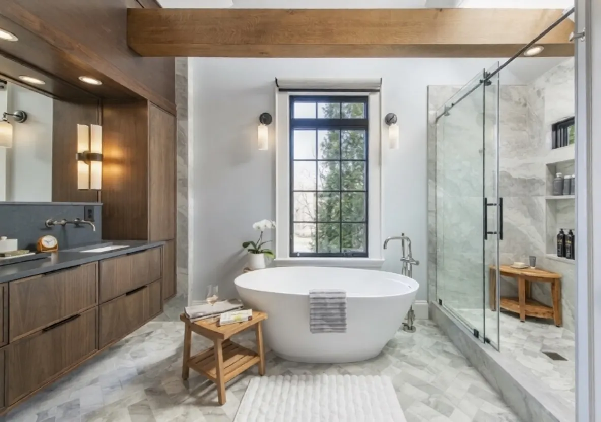 Primary bathroom remodel with freestanding tub, glass shower, and warm wood cabinetry by Lussoro Design + Build