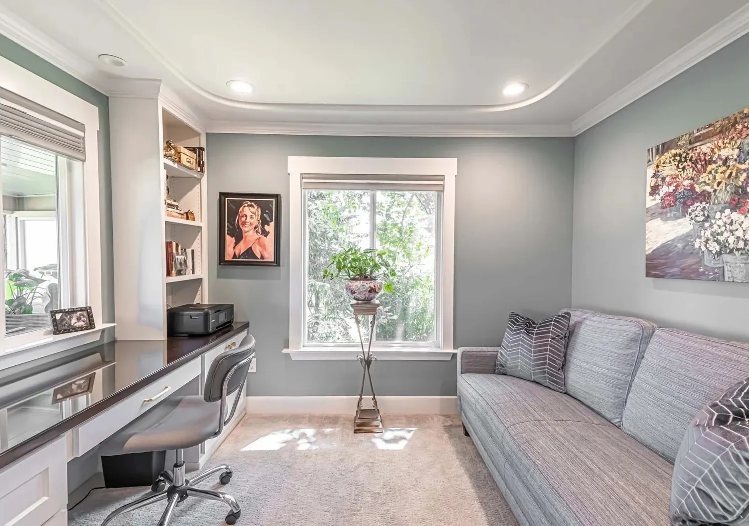 Finished garage conversion designed as a bright, comfortable home office by Lussoro Design + Build